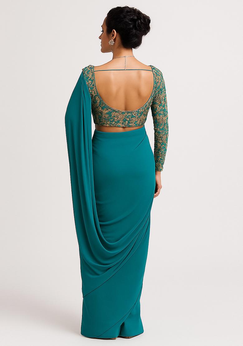 Sea Green Embroidered Blouse Georgette Pre Draped Saree Set