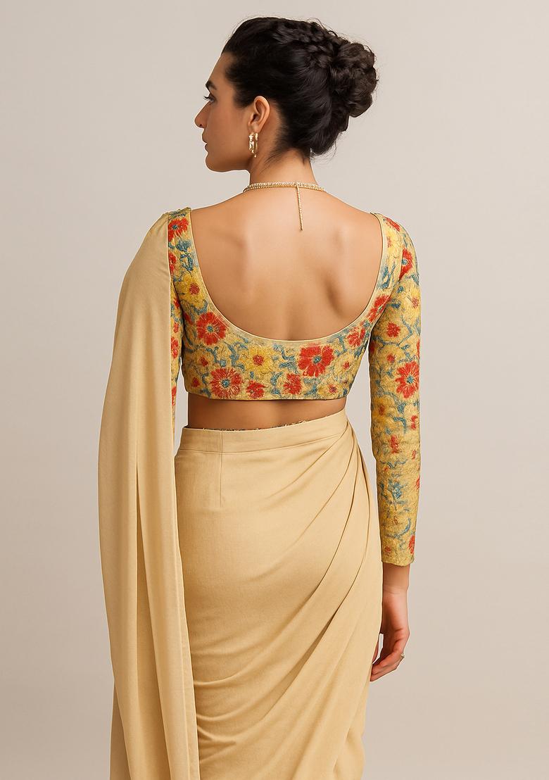 Beige Embroidered Blouse Georgette Pre Draped Saree Set - Indya