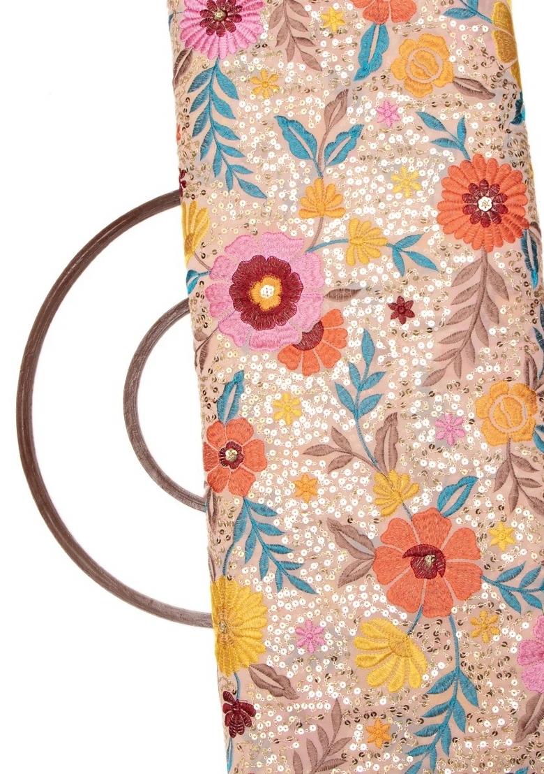 Beige Embroidered Blouse Georgette Pre Draped Saree Set - Indya