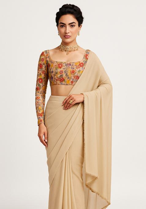 Beige Embroidered Blouse Georgette Pre Draped Saree Set