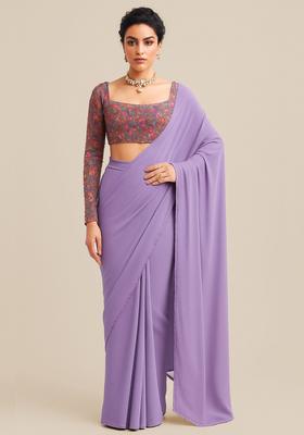 Purple Embroidered Blouse Georgette Pre Draped Saree Set