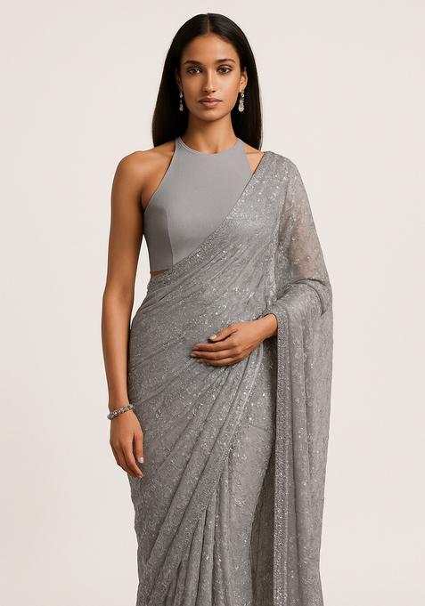 Grey Sequin Embroidered Net Pre Draped Saree Set