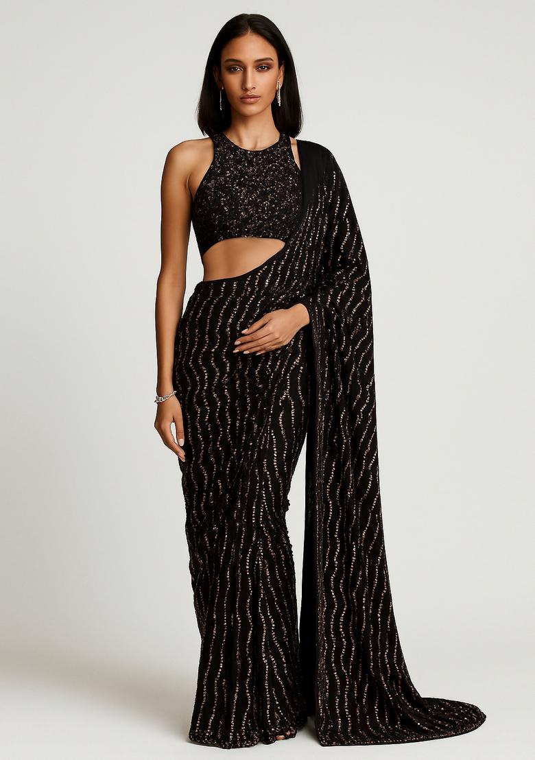 Brown Embroidered Net Pre Draped Saree Set