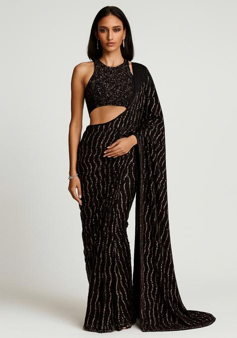 Brown Embroidered Net Pre Draped Saree Set