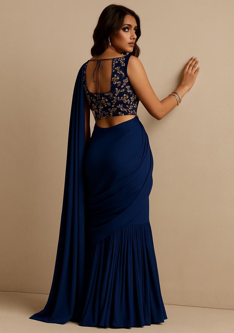 Blue Embroidered Georgette Pre Draped Saree Set - Indya