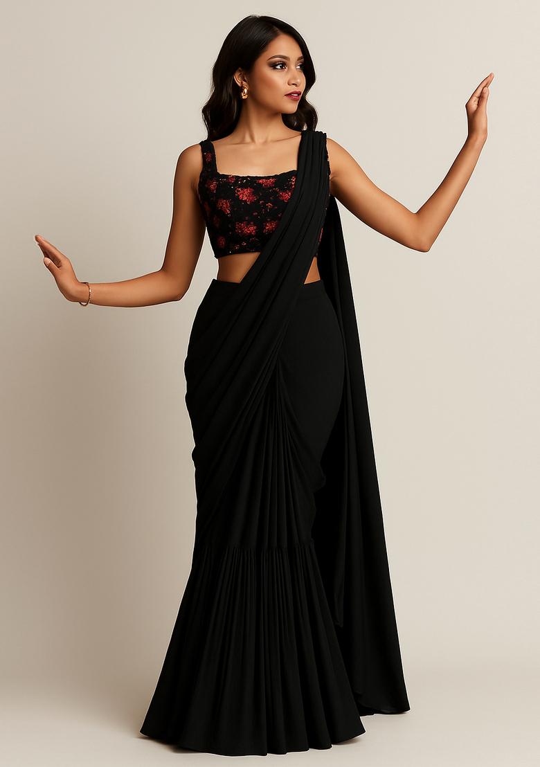 Black Embroidered Georgette Pre Draped Saree Set