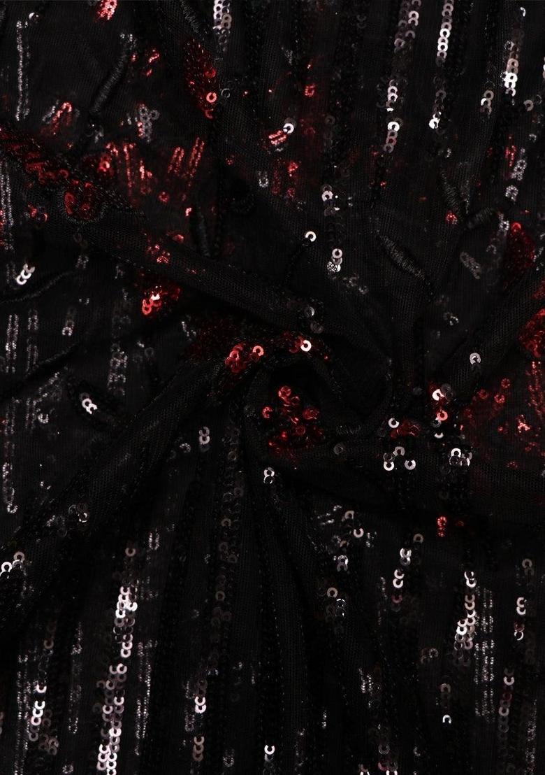 Black Embroidered Georgette Pre Draped Saree Set