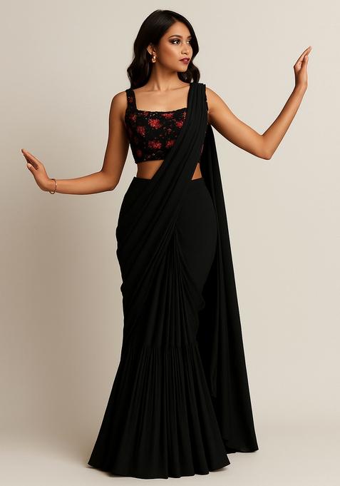 Black Embroidered Georgette Pre Draped Saree Set