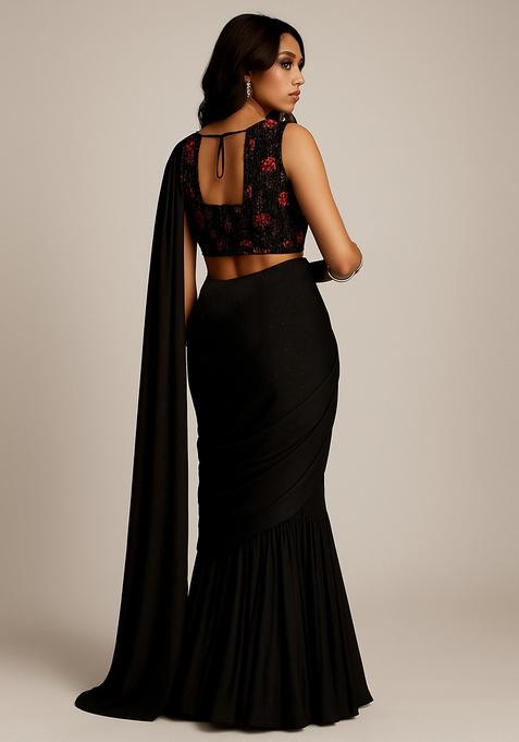 Black Embroidered Georgette Pre Draped Saree Set
