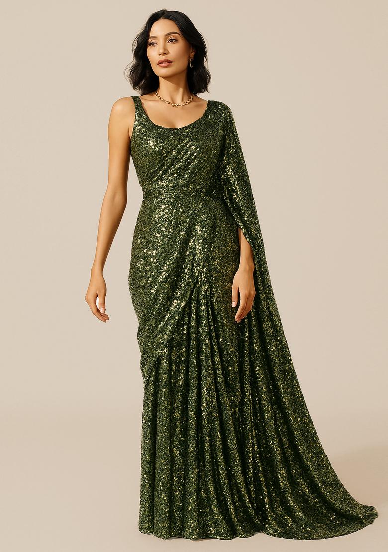 Green Sequin Embellished Georgette Pre Draped Saree Set