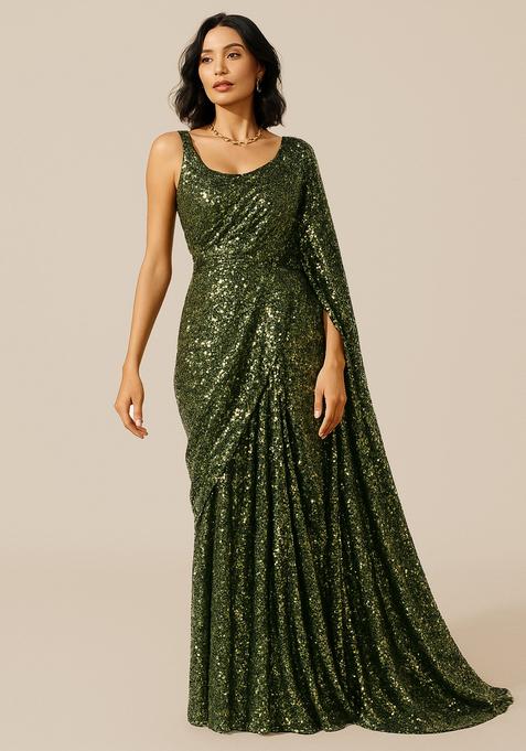 Green Sequin Embellished Georgette Pre Draped Saree Set