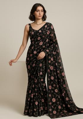Black Embroidered Net Pre Draped Saree Set
