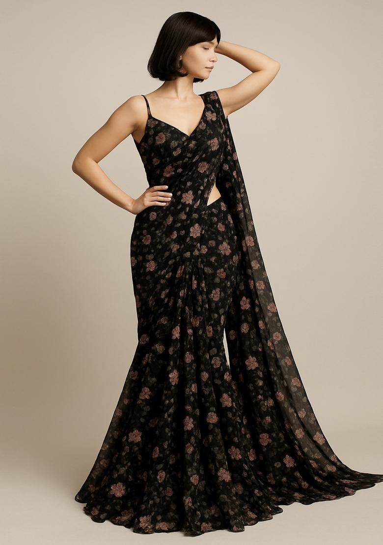 Black Embroidered Net Pre Draped Saree Set - Indya
