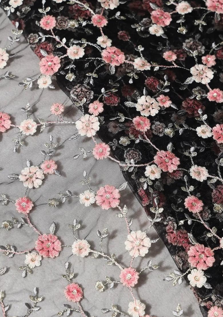 Black Embroidered Net Pre Draped Saree Set - Indya