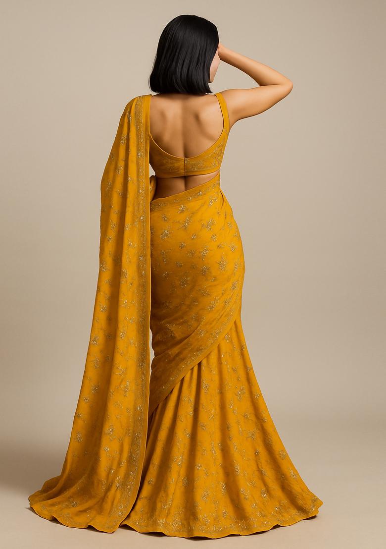 Yellow Embroidered Net Pre Draped Saree Set