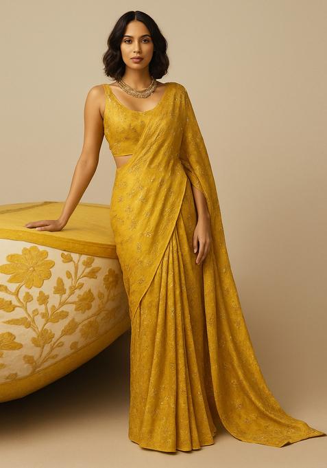 Yellow Embroidered Net Pre Draped Saree Set