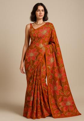 Rust Embroidered Organza Pre Draped Saree Set