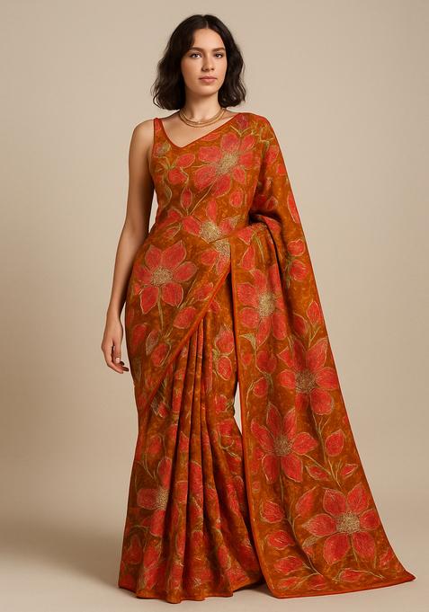 Rust Embroidered Organza Pre Draped Saree Set