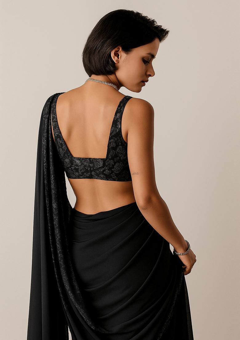 Black Embellished Blouse Georgette Pre Draped Saree Set - Indya