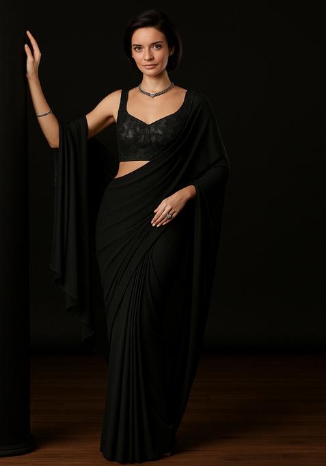 Black Embellished Blouse Georgette Pre Draped Saree Set