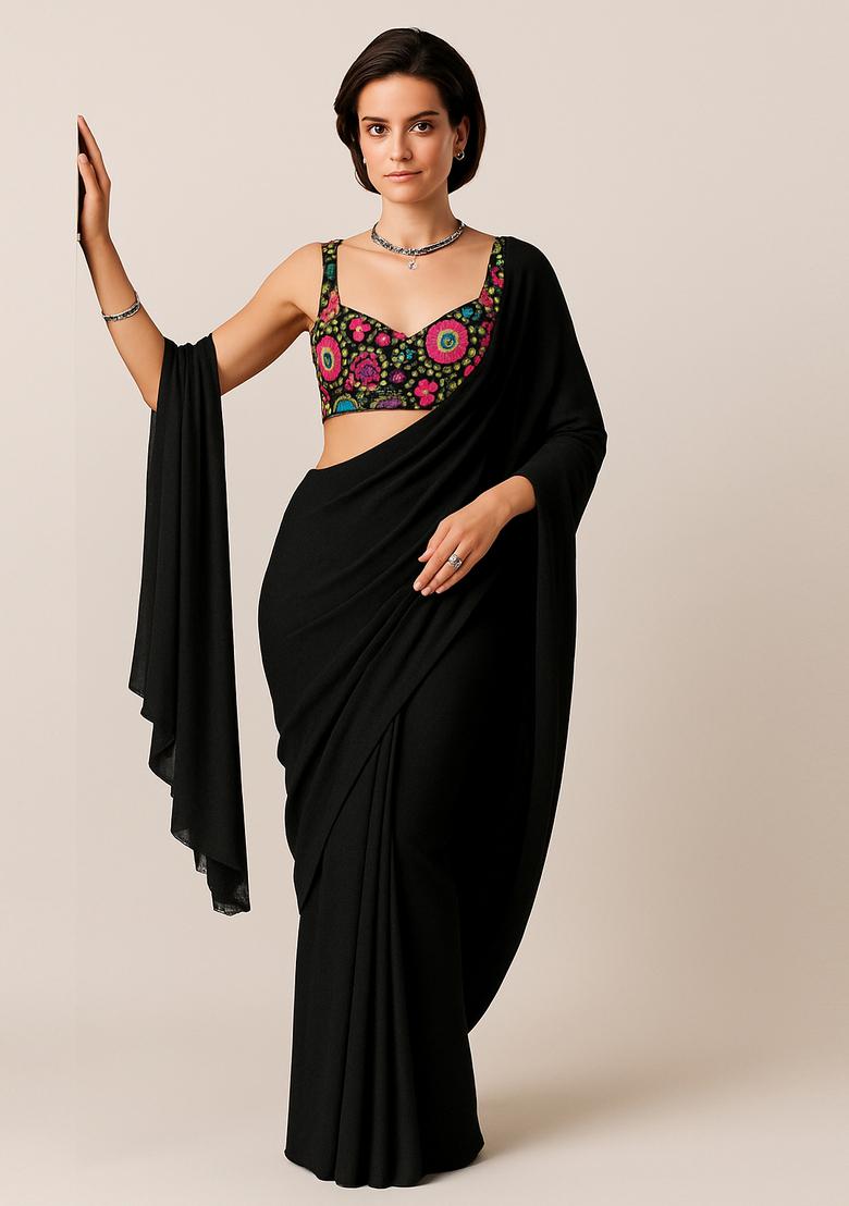 Black Embroidered Blouse Georgette Pre Draped Saree Set