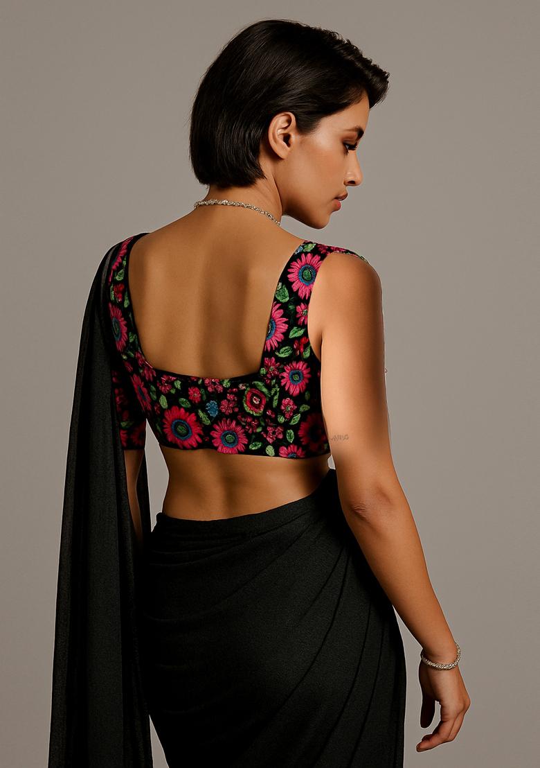 Black Embroidered Blouse Georgette Pre Draped Saree Set