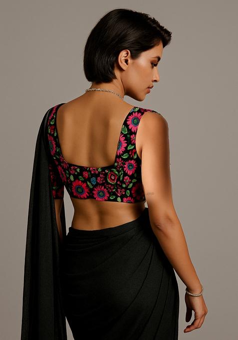 Black Embroidered Blouse Georgette Pre Draped Saree Set