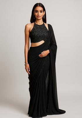 Black Embroidered Blouse Georgette Pre Draped Saree Set