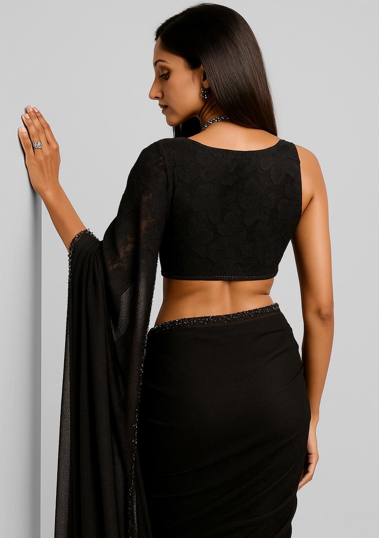 Black Embroidered Blouse Georgette Pre Draped Saree Set - Indya