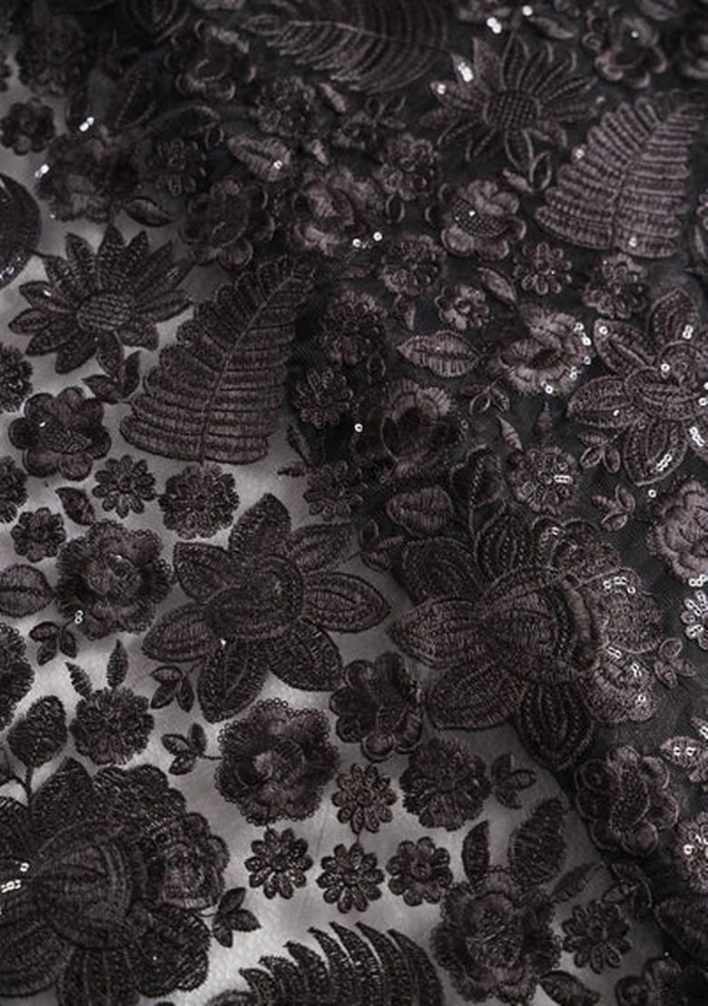 Black Embroidered Blouse Georgette Pre Draped Saree Set - Indya