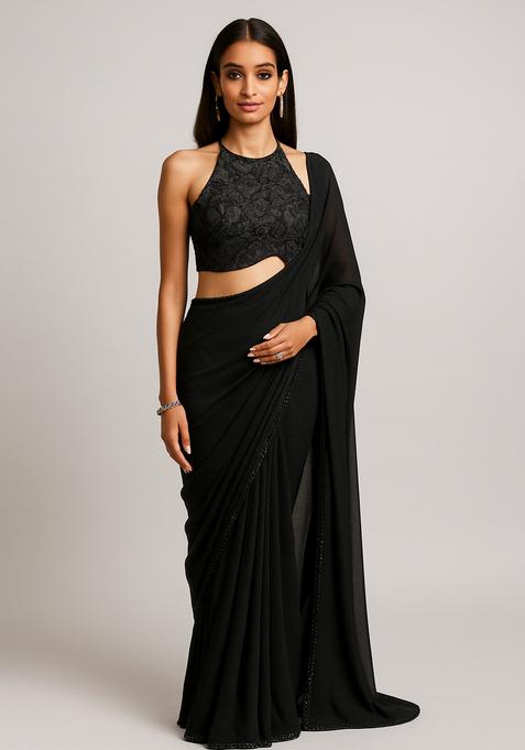 Black Embroidered Blouse Georgette Pre Draped Saree Set