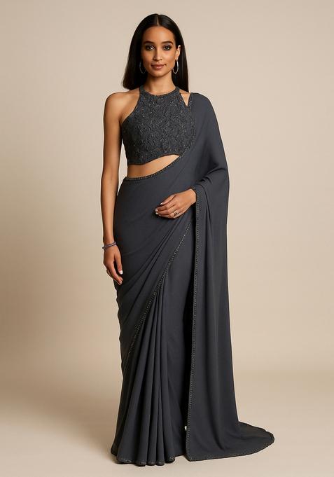 Grey Embellished Blouse Georgette Pre Draped Saree Set