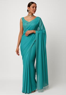 Sky Blue Embellished Blouse Georgette Pre Draped Saree Set