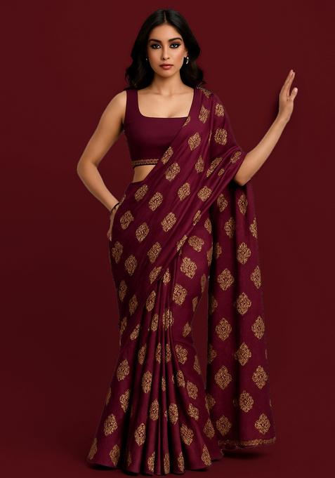 Violet Printed Velvet Pre Draped Saree Set