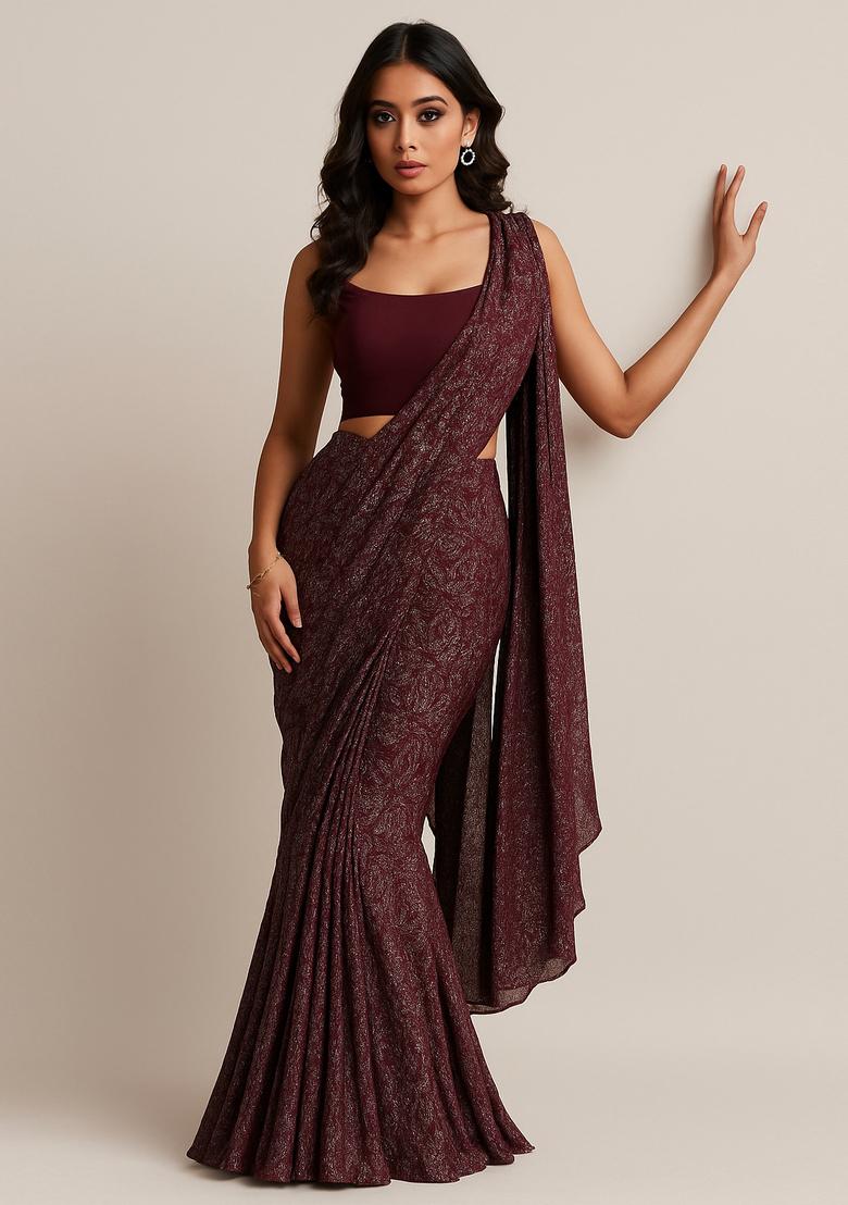 Wine Self Design Lurex Knit Pre Draped Saree Set