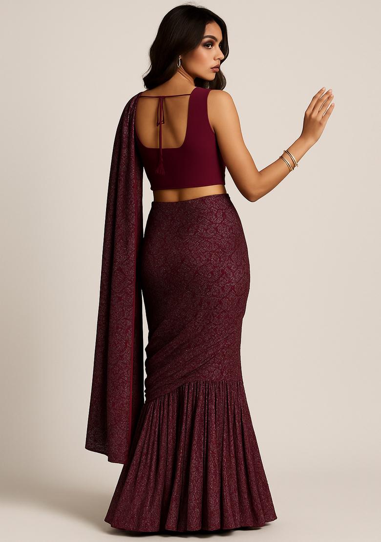 Wine Self Design Lurex Knit Pre Draped Saree Set