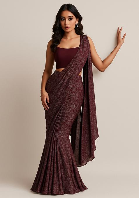 Wine Self Design Lurex Knit Pre Draped Saree Set