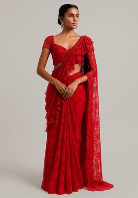 Red Sequin Embroidered Crepe Pre Draped Saree Set