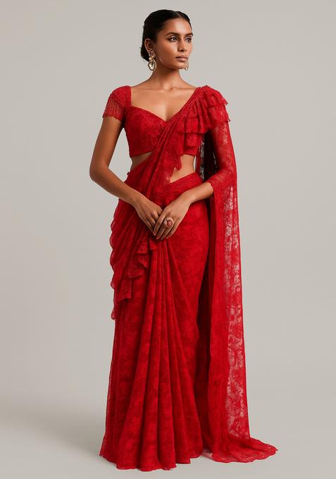 Red Sequin Embroidered Crepe Pre Draped Saree Set