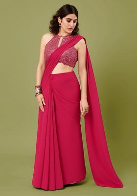 Hot Pink Embellished Blouse Georgette Pre Drapped Saree Set