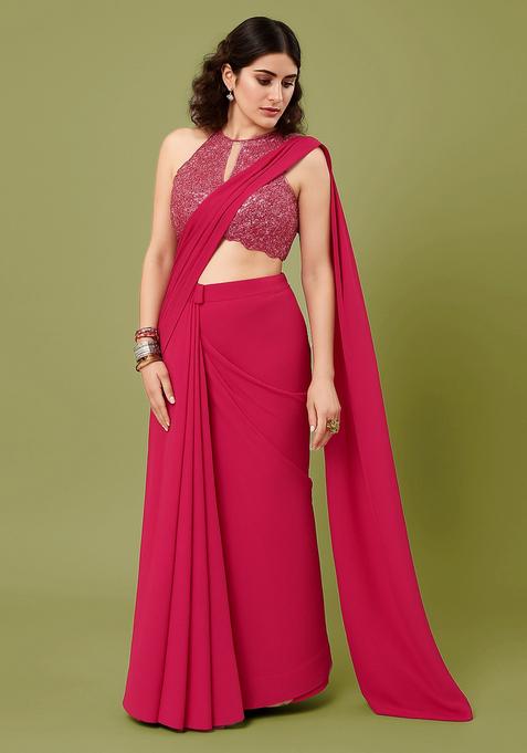Hot Pink Embellished Blouse Georgette Pre Draped Saree Set