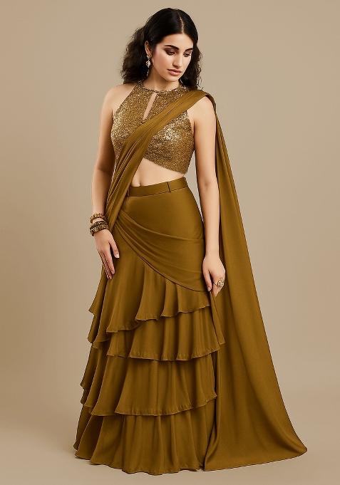 Golden Embellished Blouse Georgette Pre Draped Saree Set