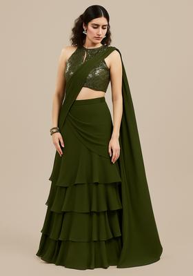 Green Embellished Blouse Georgette Pre Drapped Saree Set
