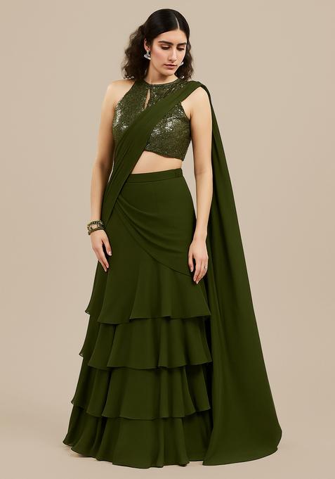 Green Embellished Blouse Georgette Pre Draped Saree Set
