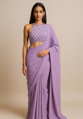 Lilac Embroidered Blouse Georgette Pre Draped Saree Set