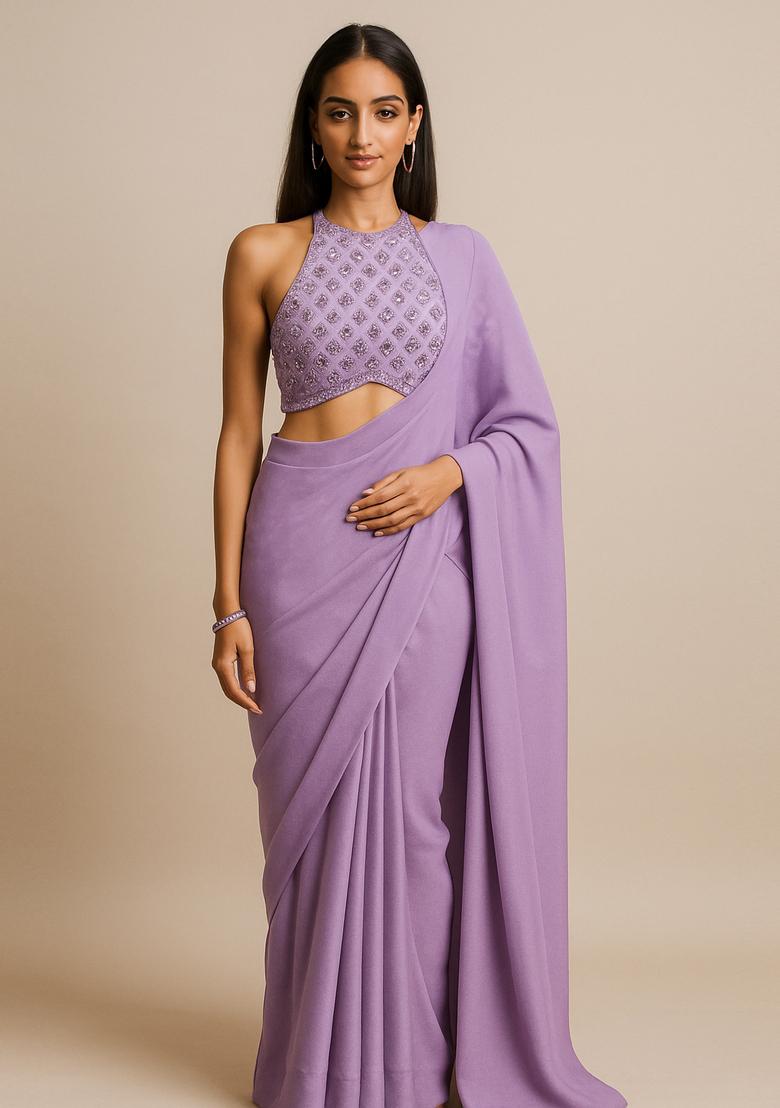 Lilac Embroidered Blouse Georgette Pre Draped Saree Set