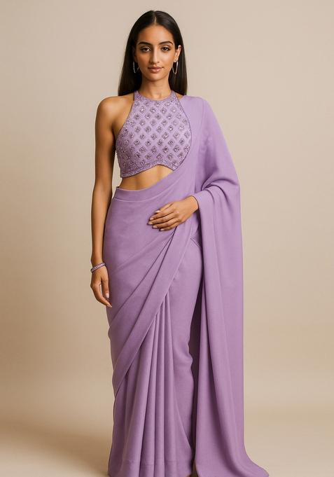 Lilac Embroidered Blouse Georgette Pre Draped Saree Set