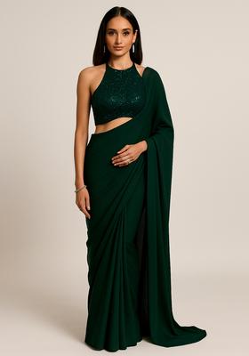 Green Sequin Blouse Georgette Pre Drapped Saree Set