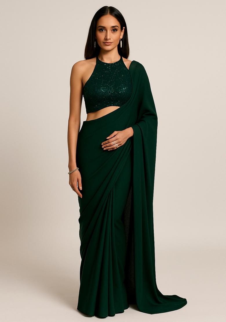Green Sequin Blouse Georgette Pre Draped Saree Set