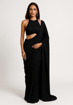 Black Sequin Blouse Georgette Pre Drapped Saree Set